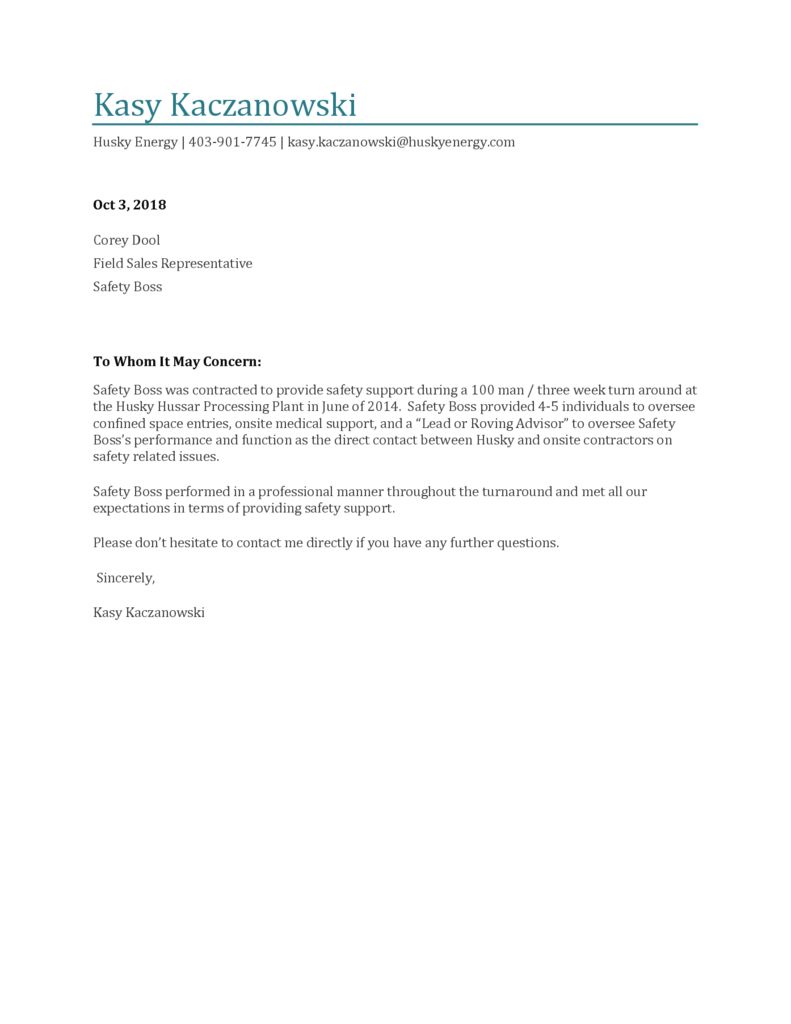 Husky Energy Reference Letter October 2018