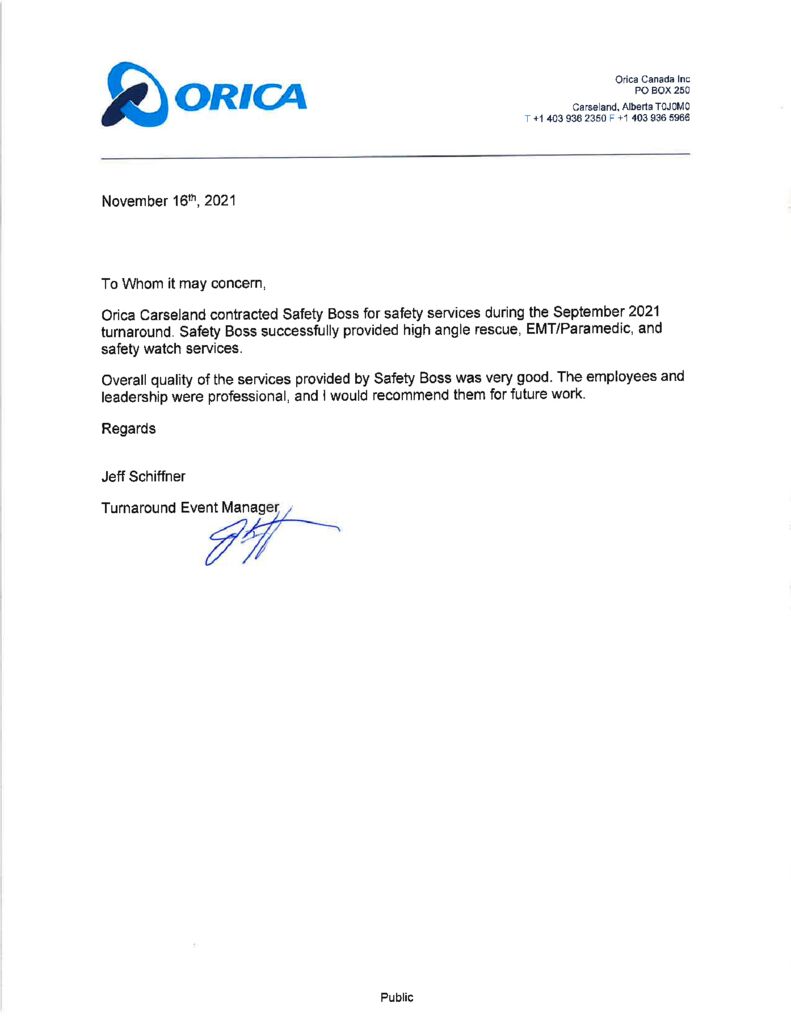 Orica Reference letter November 2021